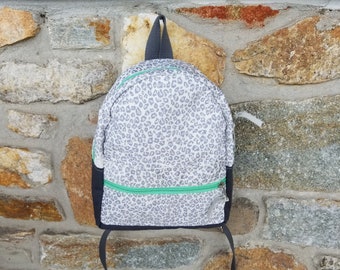 mini backpack white leopard print with cute green zipper