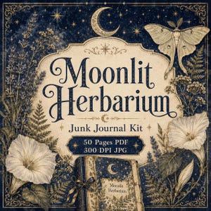 Moonlit Herbarium Junk Journal Kit | Celestial Botanical Printable Papers & Ephemera | Witchy Moon Phase Lavender Scrapbook
