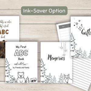 K&ouml;nnte beinhalten: Schwarz-wei&szlig;e druckbare Seiten f&uuml;r ein erstes ABC-Buch f&uuml;r Babys, ein Geschenkelogbuch, ein Erinnerungsjournal und eine Seite mit dem Text "Bitte hilf uns, das erste ABC-Buch des Babys zu f&auml;rben".