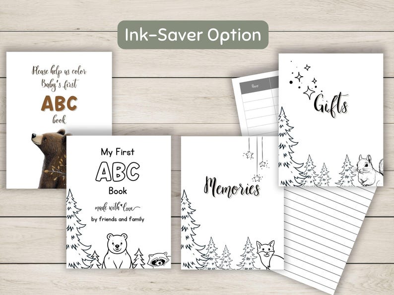 K&ouml;nnte beinhalten: Schwarz-wei&szlig;e druckbare Seiten f&uuml;r ein erstes ABC-Buch f&uuml;r Babys, ein Geschenkelogbuch, ein Erinnerungsjournal und eine Seite mit dem Text "Bitte hilf uns, das erste ABC-Buch des Babys zu f&auml;rben".