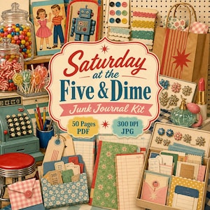 May include: A junk journal kit titled Saturday at the Five & Dime featuring 50 PDF pages and 300 DPI JPG files. The collection includes vintage-style ephemera, floral patterned papers, grid stationery, buttons, ribbons, and a toy robot illustration.