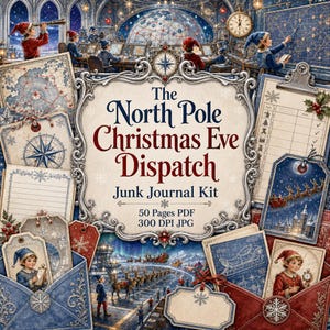 May include: A digital junk journal kit titled The North Pole Christmas Eve Dispatch, featuring 50 PDF pages and 300 DPI JPG files. The design includes ornate silver frames, vintage-style maps, gift tags, envelopes, and illustrations of elves.