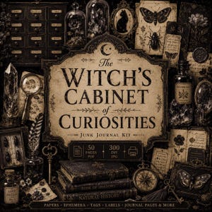 Może przedstawiać: Zestaw do junk journalu zatytułowany The Witch's Cabinet of Curiosities, z centralnym znakiem z półksiężycem, otoczony ilustracjami w stylu vintage przedstawiającymi owady, kryształy, lupę, kompas, klucze i stare książki.