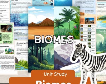Folhas de exercícios e atividades de estudo de unidade sobre biomas, com geografia e clima, plantas e animais, ciências para educação domiciliar (mega unidade!)