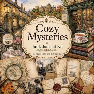 Könnte beinhalten: Ein digitales Junk-Journal-Set mit dem Titel Cozy Mysteries, das ein zentrales verziertes Etikett, einen Stapel alter Bücher, ein Teeservice, eine Lupe, antike Schlüssel und gealtertes Papier mit Zug- und Dorfabbildungen enthält.