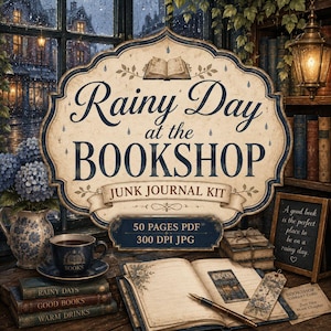 May include: A digital junk journal kit titled Rainy Day at the Bookshop, featuring a decorative sign, a stack of books, a coffee cup, a fountain pen, and an open notebook. The text includes 50 PAGES PDF and 300 DPI JPG on a dark blue background.