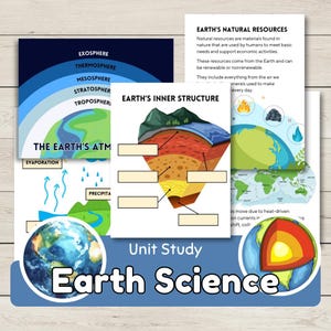 Könnte beinhalten: Lehrmaterialien für das Erdkunde-Thema. Das Bild zeigt Diagramme der Erdatmosphäre, der inneren Struktur und der natürlichen Ressourcen. Der Text enthält "Earth's Inner Structure" und "Earth Science".