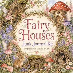 Junk-Journal-Set „Feenhäuser“ | Vintage-Druckpapier „Verzauberter Wald“, Erinnerungsstücke, Taschen & Anhänger | Digitaler Download im Cottagecore-Stil (Waldstil)