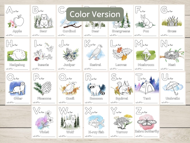 K&ouml;nnte beinhalten: Ein Satz von 26 Alphabet-Flashcards mit Schwarzwei&szlig;illustrationen von Objekten zum Thema Natur. Jede Karte hat einen Buchstaben, das Wort "f&uuml;r" und den Namen des Objekts. Die Karten sind in alphabetischer Reihenfolge angeordnet.