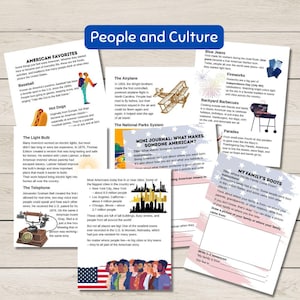 May include: Educational pages about American culture, including baseball, hot dogs, the light bulb, and the telephone. Features text and illustrations about American favorites, the airplane, and family roots.