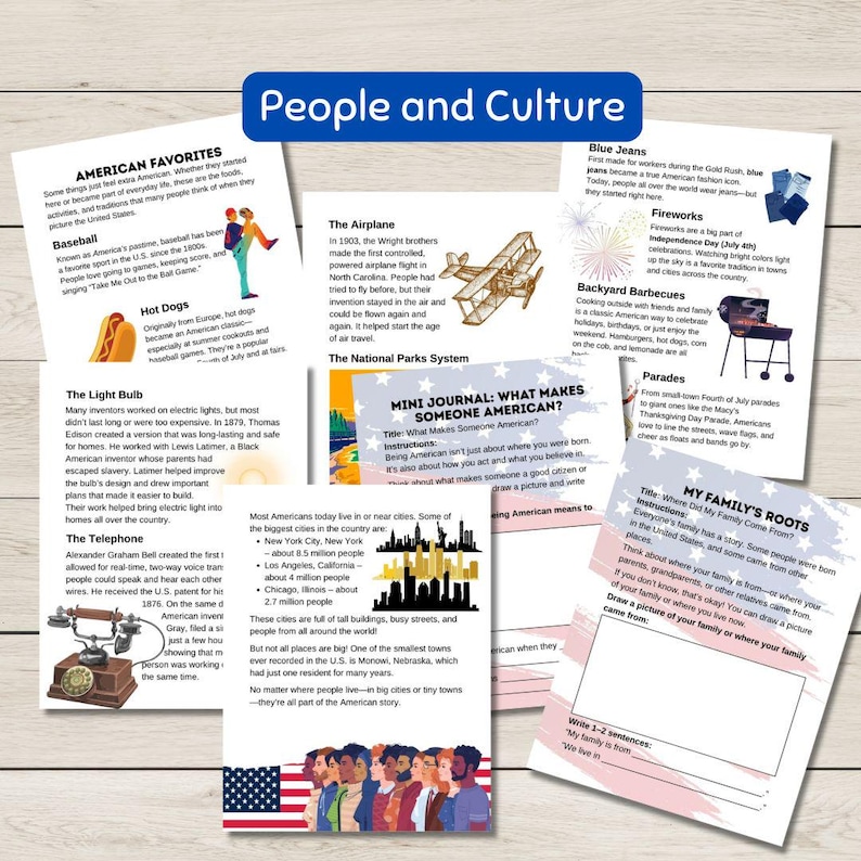 May include: Educational pages about American culture, including baseball, hot dogs, the light bulb, and the telephone. Features text and illustrations about American favorites, the airplane, and family roots.