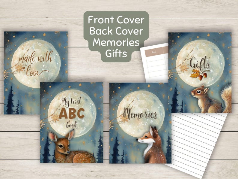K&ouml;nnte beinhalten: Satz von sechs illustrierten Umschl&auml;gen f&uuml;r Journale oder Notizb&uuml;cher. Die Umschl&auml;ge zeigen einen Mond mit Sternen und jeweils ein anderes Tier. Die Umschl&auml;ge sind mit "Made with Love", "My First ABC Book", "Memories", "Gifts" und zwei leeren Umschl&auml;gen beschriftet.