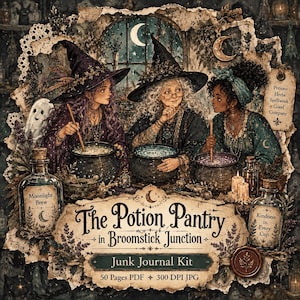 Może przedstawiać: Zestaw do junk journalu zatytułowany The Potion Pantry in Broomstick Junction przedstawiający trzy postacie w kapeluszach czarownic mieszające w kociołkach. Obraz zawiera szklane butelki z etykietami Moonlight Brew i Kindness in Every Cup oraz tekst: Potions Herbs Spellwork Good Company, 50 Pages PDF, 300 DPI JPG.