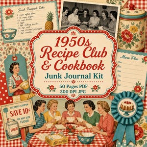 Peut inclure: Un kit de journal créatif sur le thème des années 1950 comprenant une carte de titre centrale, une fiche recette de gâteau à l'ananas, un menu, un coupon de farine et une rosette bleue, avec des illustrations vintage de femmes et des motifs floraux.