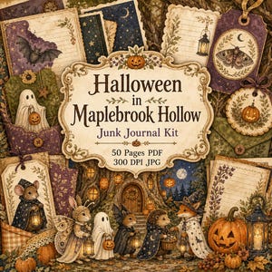 May include: A digital junk journal kit titled Halloween in Maplebrook Hollow featuring 50 pages in PDF and 300 DPI JPG formats. The design includes illustrations of a ghost, mouse, rabbit, hedgehog, and fox with pumpkins, lanterns, and stars.