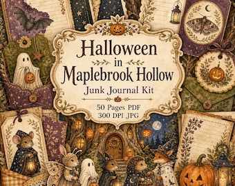 Halloween in Maplebrook Hollow, Cute Woodland Junk Journal Kit, Printable Pages, Ephemera, Pockets and Fussy Cuts