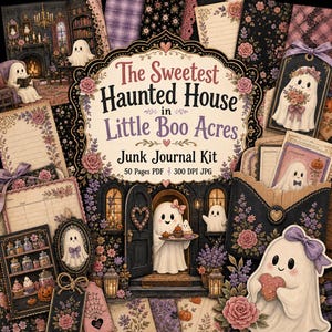Può includere: Un kit digitale per junk journal intitolato The Sweetest Haunted House in Little Boo Acres, con illustrazioni di fantasmi, motivi floreali ed elementi di cancelleria vintage in nero, viola e rosa, fornito in 50 pagine PDF.