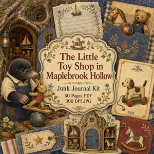 May include: A junk journal kit titled The Little Toy Shop in Maplebrook Hollow featuring a mole in overalls, a rabbit on a ball, a dog on wheels, a rocking horse, and a teddy bear. The kit includes 50 pages in PDF and 300 DPI JPG formats.