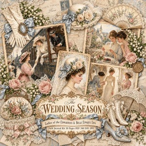 Könnte beinhalten: Ein digitales Collage-Set mit dem Titel The Wedding Season, das Bilder aus der edwardianischen Ära und der Belle Époque zeigt, darunter Vintage-Spitze, Blumenarrangements, Brautaccessoires, viktorianische Stiefel und Illustrationen.