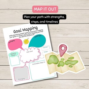 May include: A goal mapping worksheet with the text "MAP IT OUT" and "Plan your path with strengths, steps, and timelines." The worksheet includes areas for strengths, challenges, and actionable steps. A map graphic with a red pin is also present.