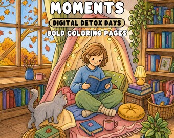 Bookish Moments Coloring Pages Bold Reading Library Bookshop Printable PDF and Transparent PNG for Procreate