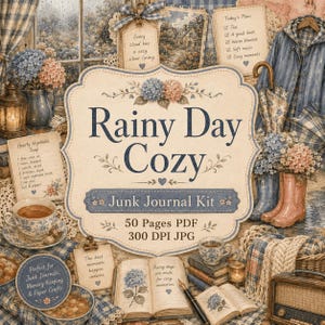 May include: A digital junk journal kit titled Rainy Day Cozy featuring 50 pages in PDF and 300 DPI JPG formats. The design includes illustrations of hydrangeas, a soup recipe, a to-do list, books, a tea cup, and rain boots in blue and pink.