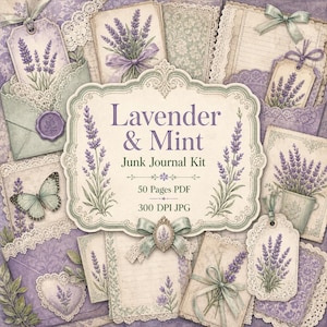 Puede incluir: Un kit de diario basura digital con diseños florales de lavanda y menta, que incluye etiquetas, sobres y páginas de papelería. La etiqueta central muestra el texto Lavender & Mint Junk Journal Kit, 50 Pages PDF, 300 DPI JPG.