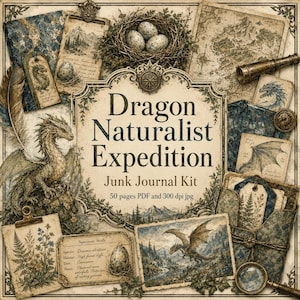 以下が含まれることがあります： Dragon Naturalist Expeditionと題されたデジタルジャンクジャーナルキット。PDFおよび300dpiのJPG形式で50ページが含まれています。デザインには、ドラゴン、巣の中の卵、地図、植物標本、真鍮製の望遠鏡のイラストが描かれています。