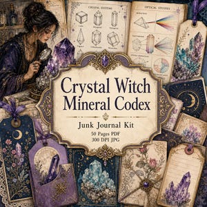 May include: A digital junk journal kit titled Crystal Witch Mineral Codex featuring 50 PDF pages and 300 DPI JPG files. The design includes illustrations of crystals, optical studies, celestial moons, floral patterns, and tags in shades of purple and gold.