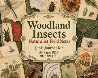 Woodland Insects Naturalist Field Notes Junk Journal Kit insect printable Ephemera Pages Fussy Cuts Naturalist Field Notes Series