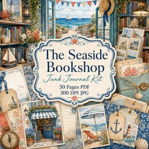Puede incluir: Un kit de diario creativo digital titulado The Seaside Bookshop que incluye 50 páginas en formato PDF y JPG de 300 DPI. El diseño presenta imágenes náuticas como faros, veleros, anclas, sombrillas de playa y elementos florales en azul y blanco.
