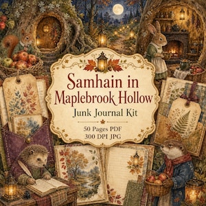 May include: A digital junk journal kit titled Samhain in Maplebrook Hollow featuring 50 PDF pages and 300 DPI JPG files. The artwork displays woodland animals including a hedgehog, squirrel, rabbit, and otter in a forest setting with lanterns.