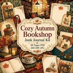 Könnte beinhalten: Ein digitales Junk-Journal-Set mit dem Titel Cozy Autumn Bookshop, bestehend aus 50 PDF-Seiten und 300 DPI JPG-Dateien. Die Sammlung enthält Briefpapier, Anhänger und Umschläge mit herbstlichen Motiven wie Blättern, Büchern, Tassen und Laternen.