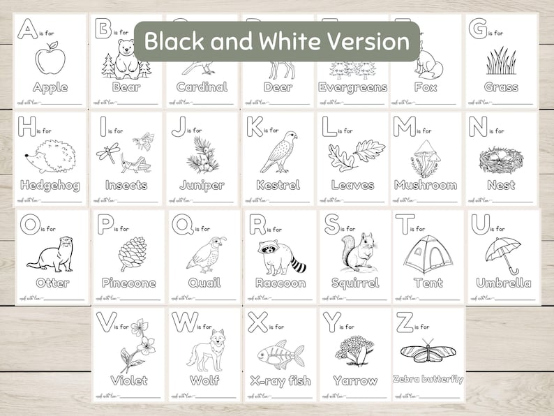 K&ouml;nnte beinhalten: Schwarz-wei&szlig;e Alphabet-Karteikarten mit Illustrationen von Tieren, Pflanzen und Objekten. Jede Karte hat einen Buchstaben, das Wort "ist f&uuml;r" und den Namen des abgebildeten Gegenstands.