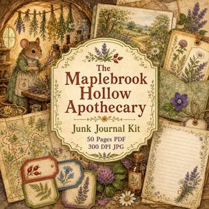 May include: A digital junk journal kit titled The Maplebrook Hollow Apothecary, featuring a mouse in a green dress, botanical illustrations of lavender and wildflowers, vintage-style paper, tags, and a brown glass bottle on a textured background.