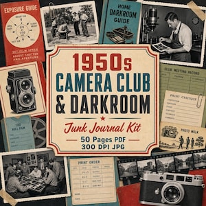 1950-talets kameraklubb och mörkrumsskräpjournalkit, utskrivbara vintagefotografi-ephemera