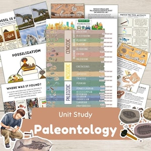 May include: A collection of educational paleontology materials. Includes diagrams of dinosaur fossils, geological eras, and tools used by paleontologists. The text "Unit Study Paleontology" is displayed.