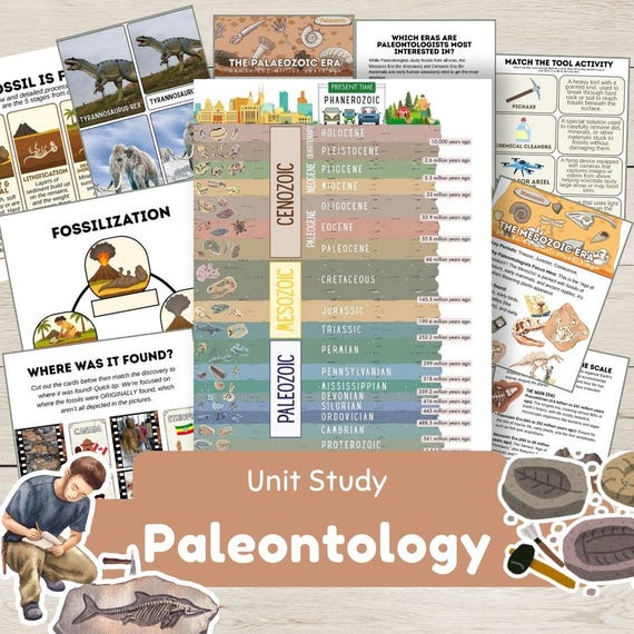 Paleontology Unit Study PDF Fossil Activities Dinosaur Worksheets, Geologic Time Scale Poster, Homeschool Science and Earth History for Kids