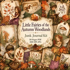 May include: A digital junk journal kit titled Little Fairies of the Autumn Woodlands, featuring illustrations of fairies, mushrooms, and autumn leaves. The text includes 50 Pages PDF and 300 DPI JPG, surrounded by decorative vintage-style paper tags.