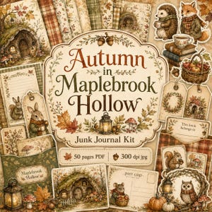 May include: A digital junk journal kit titled Autumn in Maplebrook Hollow, featuring 50 PDF pages and 300 dpi images. The design includes illustrations of woodland animals, cosy cottages, autumn leaves, pumpkins, and lanterns in warm tones.