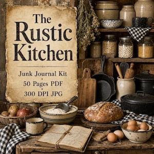 Könnte beinhalten: Ein digitales Junk-Journal-Set mit dem Titel The Rustic Kitchen, das 50 Seiten im PDF- und 300-DPI-JPG-Format enthält. Der Text ist auf einem gealterten Pergamenthintergrund dargestellt, umgeben von einer Küchenszene mit Brot, Eiern und Gläsern.