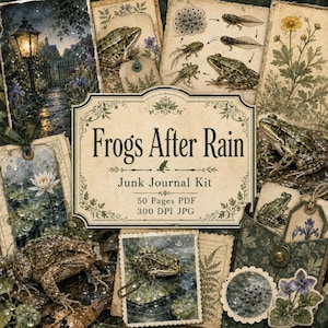 May include: A digital junk journal kit titled Frogs After Rain featuring 50 pages in PDF and 300 DPI JPG formats. The collection displays vintage-style illustrations of frogs, tadpoles, frog spawn, water lilies, and botanical elements.