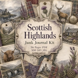 Può includere: Un kit per junk journal a tema Highlands scozzesi con immagini di un cervo, una mucca delle Highlands, castelli in pietra, un ponte, un cottage, cardi e motivi scozzesi. L'etichetta centrale riporta la scritta Scottish Highlands Junk Journal Kit.