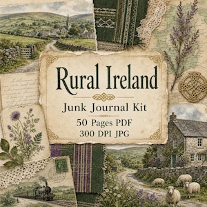 Könnte beinhalten: Ein Rural Ireland Junk Journal Kit mit 50 Seiten im PDF- und 300 DPI JPG-Format. Die Collage zeigt irische Landschaften, Steinhäuser, Schafe, Wildblumen, einen Dampfzug, Spitze und ein goldenes keltisches Knoten-Emblem.