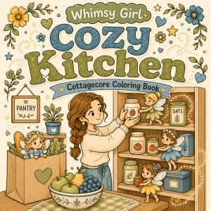 Whimsy Girl Cozy Kitchen Coloring Pages | Cottagecore Coloring Book | Printable Fairy Themed PDF for Printing or Digital Coloring Procreate