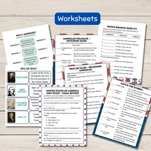 May include: Educational worksheets on American history and civics. Includes matching games, true/false questions, and amendment quizzes. Features text and illustrations about U.S. holidays, symbols, and government.