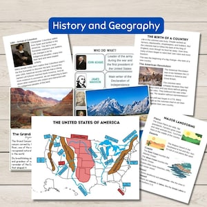 May include: Educational poster titled "History and Geography" with text and illustrations. Includes a map of the United States, portraits of historical figures, and information on major landforms and historical events.