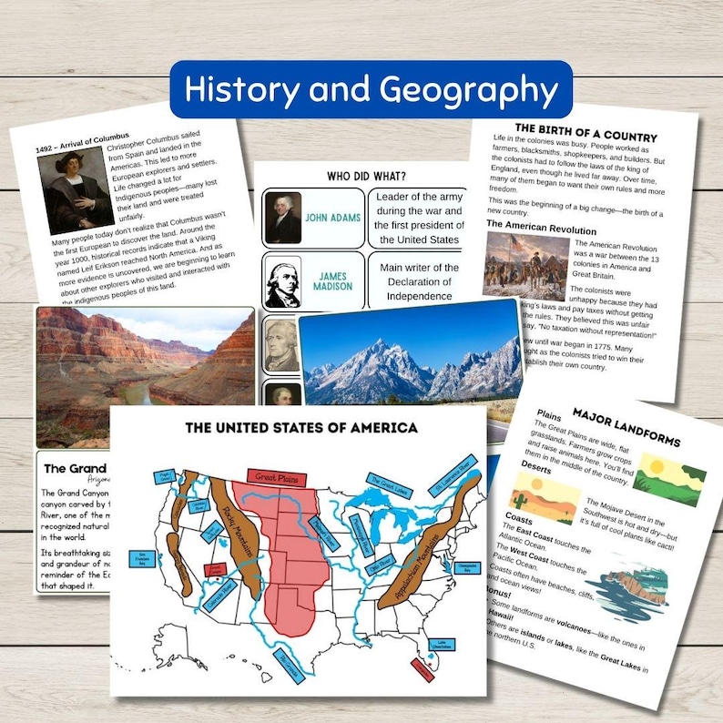 May include: Educational poster titled "History and Geography" with text and illustrations. Includes a map of the United States, portraits of historical figures, and information on major landforms and historical events.