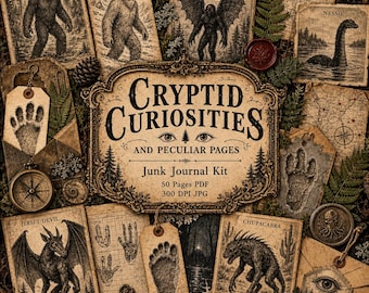 Cryptid Curiosities and Peculiar Pages Junk Journal Kit Cryptozoology Ephemera Bigfoot Pages Mothman Printable Loch Ness Fussy Cuts