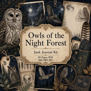 Könnte beinhalten: Ein digitales Junk-Journal-Set mit dem Titel Owls of the Night Forest, das 50 Seiten im PDF- und 300-DPI-JPG-Format enthält. Die Sammlung umfasst verschiedene Illustrationen von Eulen, nächtlichen Waldlandschaften, Federn und botanischen Elementen.